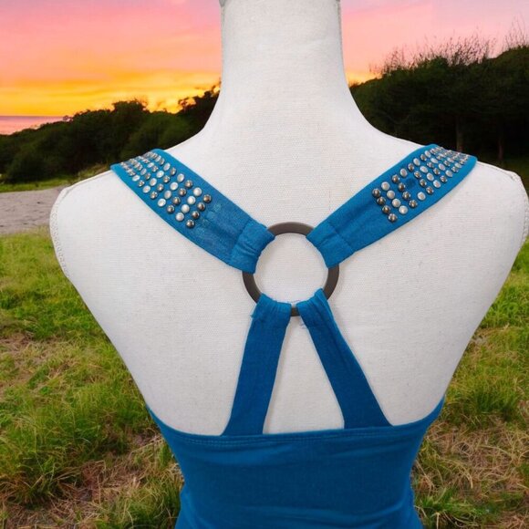 Bebe Blue Studded Tank Top XS – Twist Front Open Ring Back Alt-Core Glam EUC - Picture 4 of 7